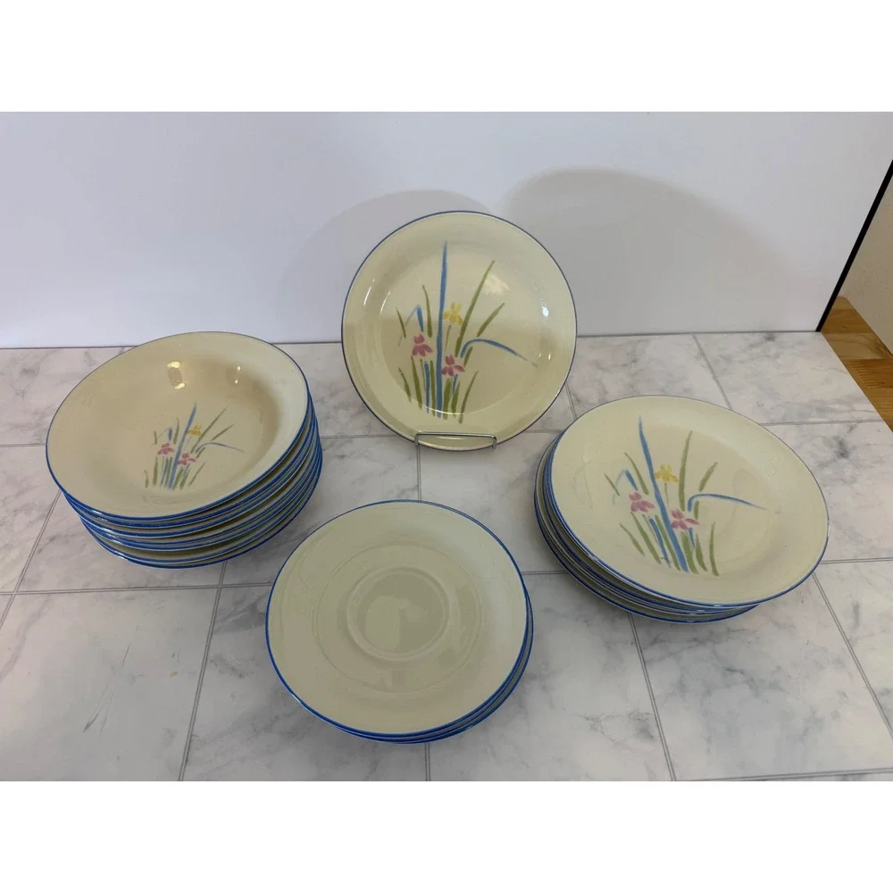 Sigma Newstone Pastels Stoneware 18pc Set Floral Iris Blue Rim 8496 Vintage